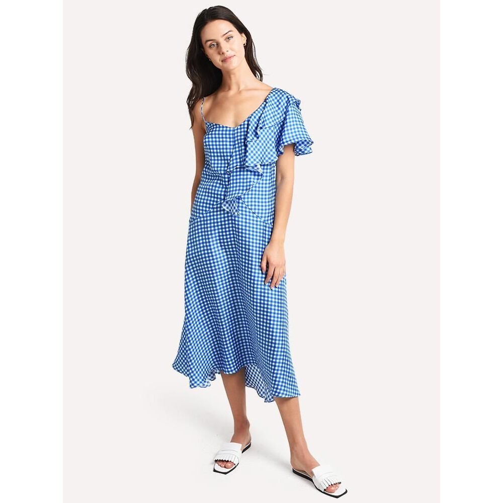 Paper London Silk Gingham One Shoulder Midi Dress UK 12 Blue White